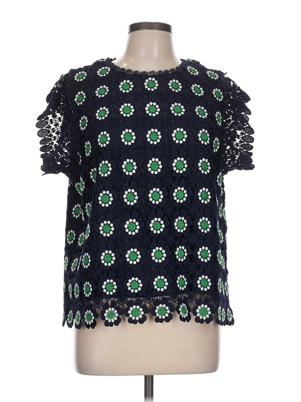 J. Crew Navy Crochet Top with Green and White Floral Motifs